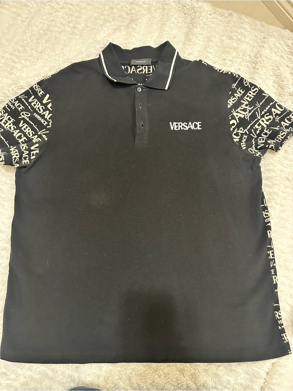 Versace Black Polo Shirt with Logo-Print Sleeves